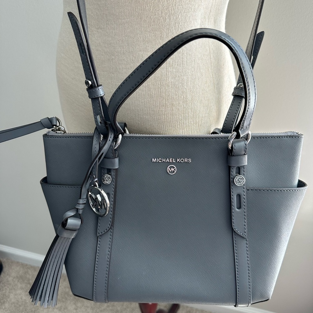 Michael Kors Solid Saffiano Leather Tote Bag Dark Grey - Picture 5 of 8
